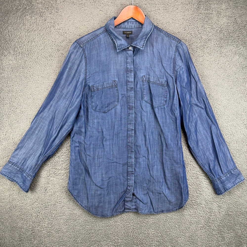 Talbots Womens Blue 100% Lyocell Long Sleeve Button Front Chambray Shirt Large
